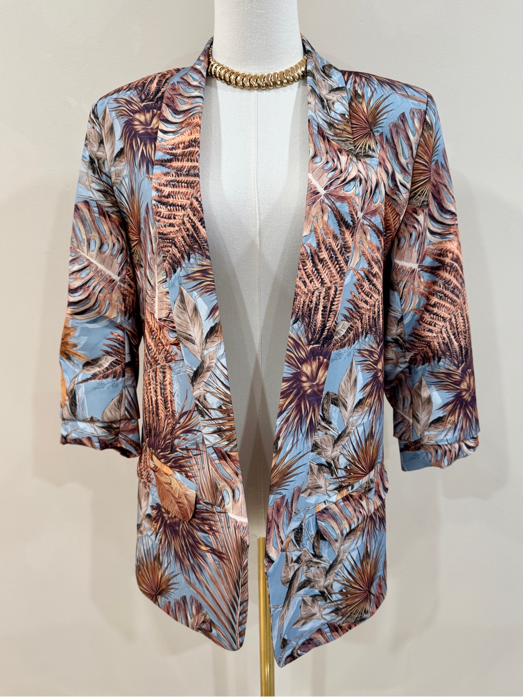 Tropical Palm Print Open Front Blazer Size 38/M Resort Coastal Chic Jacket